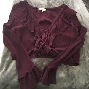 Burgundy Ruffled Long Sleeve Crop Top